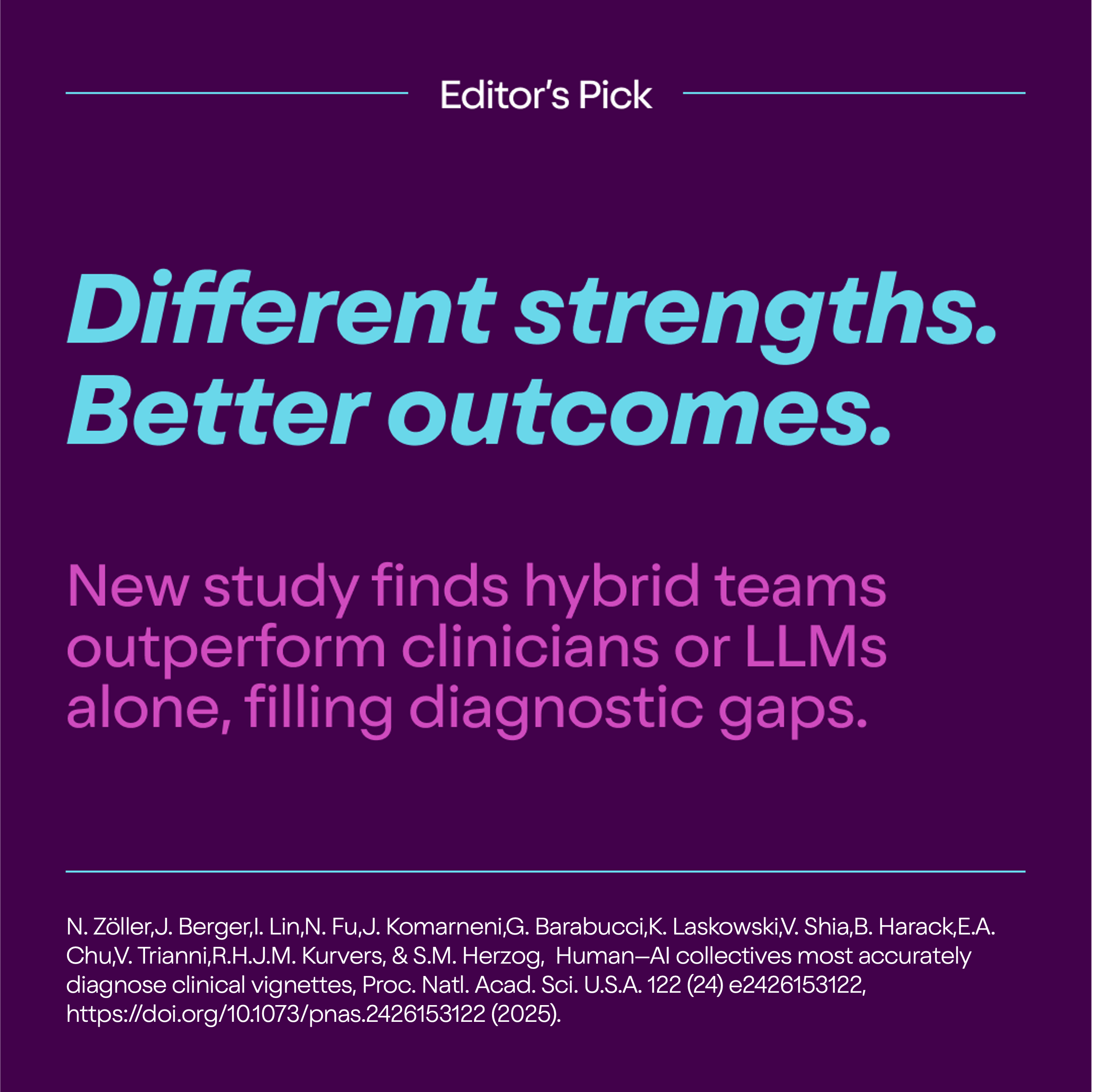 Different strengths. Better outcomes. New study finds hybrid teams outperform clinicians or LLMs alone, filling diagnostic gaps.