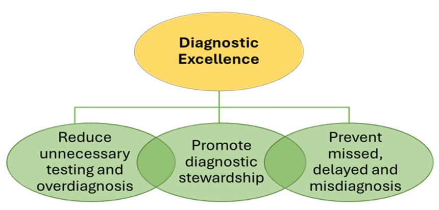 This diagrams shows three elements make up diagnostic excellence: reduce unnecessary testing and overdiagnosis, promote diagnostic stewardship, and prevent missed, delayed and misdiagnosis. 